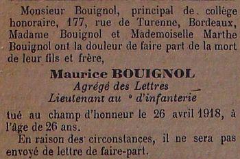 BOUIGNOL Maurice Décès Journal de Loudun 19 mai 1918